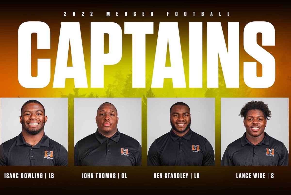 Mercer Football (@mercerfootball) on Twitter photo Introducing your 2022 Team Captains! 🫱🏽‍🫲🏾
<a href="/isaacd3_/">ISAAC DOWLINGđź’«</a> | @64Jdtjr
<a href="/standley_ken/">Ken Standley</a> | <a href="/lancelwise/">Lance Wise</a>
#RaiseTheBar | #RoarTogether Introducing your 2022 Team Captains! 🫱🏽‍🫲🏾
<a href="/isaacd3_/">ISAAC DOWLINGđź’«</a> | @64Jdtjr
<a href="/standley_ken/">Ken Standley</a> | <a href="/lancelwise/">Lance Wise</a>
#RaiseTheBar | #RoarTogether