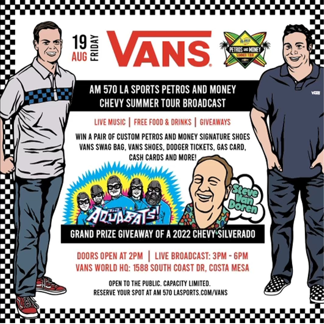 Last stop of the <a href="/PetrosAndMoney/">PetrosAndMoneyShow</a> Chevy Summer tour is FRIDAY at <a href="/Vans/">Vans</a> headquarters in Costa Mesa where someone will take home a BRAND NEW <a href="/chevrolet/">Chevrolet</a> Silverado! 

Come out for BBQ/food and your chance to win custom Vans, Dodger tickets, gas cards, cash cards and more!