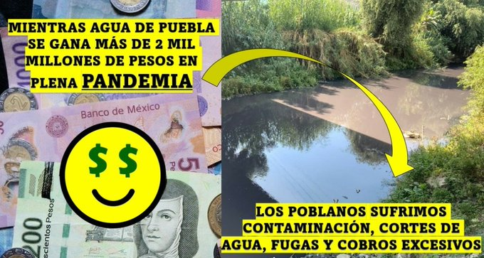 DemandasPuebla's tweet photo. Durante los primeros 8 meses de pandemia por #COVID19 Agua de Puebla había acumulado más de 2 MIL MILLONES de pesos💰💸

⚠️A pesar de la cifra multimillonaria, los ríos siguen contaminados, el SANEAMIENTO no se realiza y los cobros siguen: https://t.co/uIo31ZMKBR