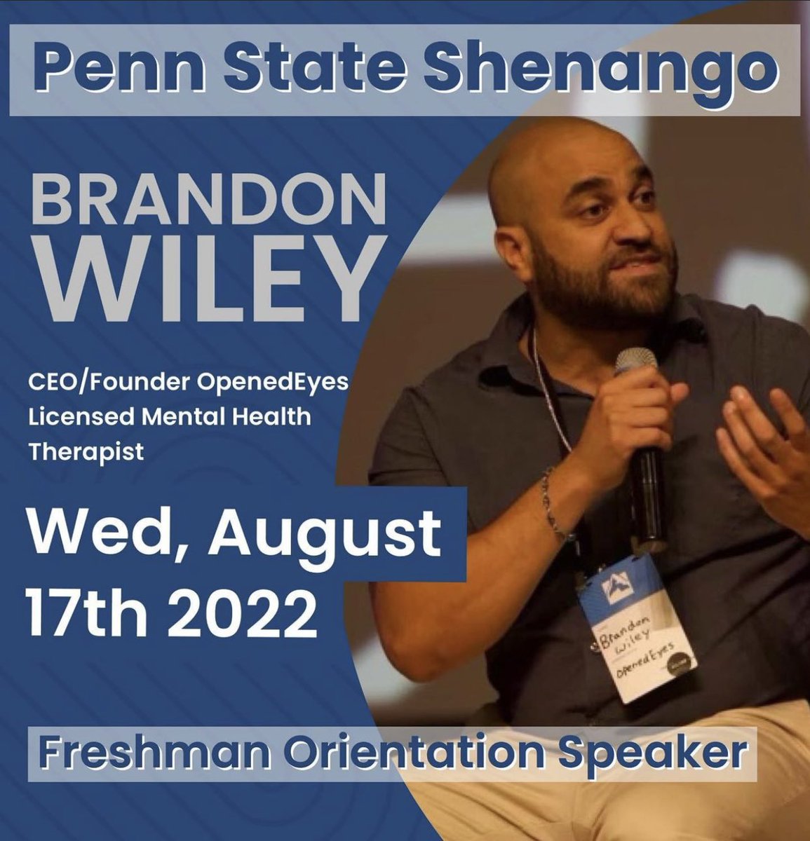 OE_WhatRU's tweet photo. @PSU_Shenango is hosting our CEO/Founder, Brandon Wiley, as their Freshman Orientation Speaker for the 4th time. 

Looking forward to starting off the school year with great dialogue!!

#whatRu #OpenedEyes #PennState #shenango #racialequality #implicitbiases #mindfullness https://t.co/AxImYCcUwJ