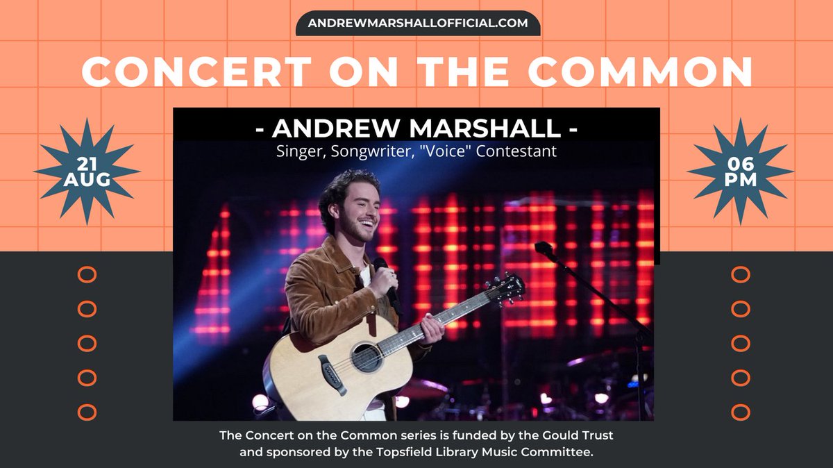 townoftopsfield's tweet photo. CONCERT ON THE COMMON: Sunday, August 21st from 6-8pm, MASCO grad and NBC's The Voice star Andrew Marshall plays a free show at the gazebo. No registration necessary. Rain location in the Town Hall.
#townoftopsfield #topsfieldma #topsfieldlibrary #concertonthecommon https://t.co/EAoBZL0SeZ