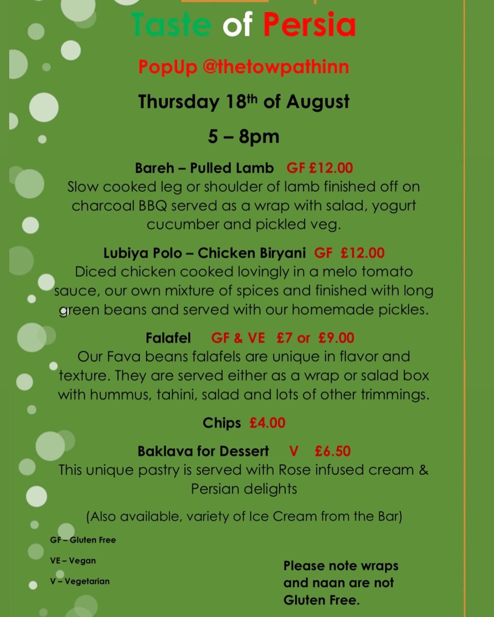 TasteOf_Persia's tweet image. This Thursday we are back  @thetowpathinn with a friendly &amp;amp; happy reception from all. 
The weather still looking promising and tables by the canal are always in demand. So get booking to enjoy a great meal and few locally brewed beers🌹🇮🇷🌯🥙🥗🥘🍺🍸🍾☕️🍨🍦🇮🇷🌹