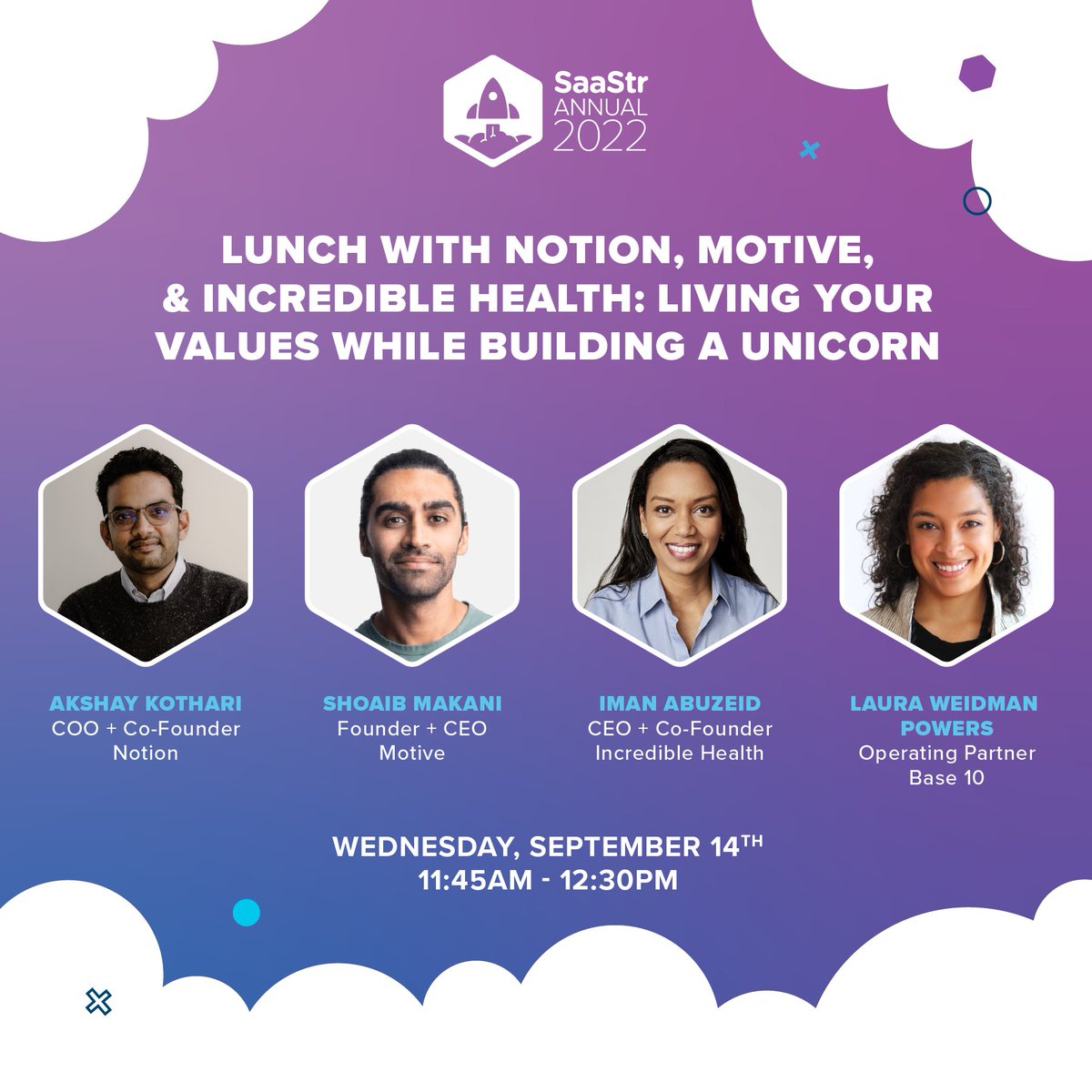 Hear from

<a href="/NotionHQ/">Notion</a> COO <a href="/akothari/">Akshay Kothari</a>
<a href="/Motive_inc/">Motive</a> CEO <a href="/smakani/">Shoaib Makani</a>
<a href="/JoinIncredible/">Incredible Health</a> CEO <a href="/ImanAbuzeid/">Iman Abuzeid MD</a>
<a href="/Base10Partners/">Base10</a> <a href="/laurawp/">Laura Weidman Powers</a>
 
how they scaled from an idea to hundreds of employees and $1B+ valuations, building great cultures and centering impact along the way.

bit.ly/3Pdu9bS