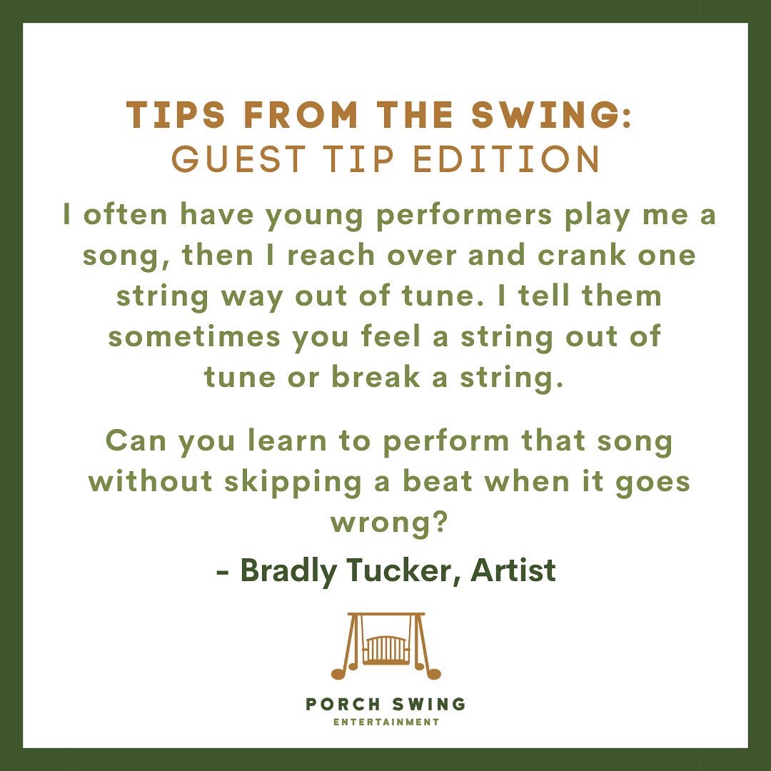 porchswingent's tweet photo. PORCH SWING ENTERTAINMENT: GREAT #guesttip from @TuckerBradly this week….
Anything can happen on stage - learn to anticipate the unexpected.
#TipsFromTheSwing
#TipTuesday
#musicbusinesstips https://t.co/r8Qlc7aFxW