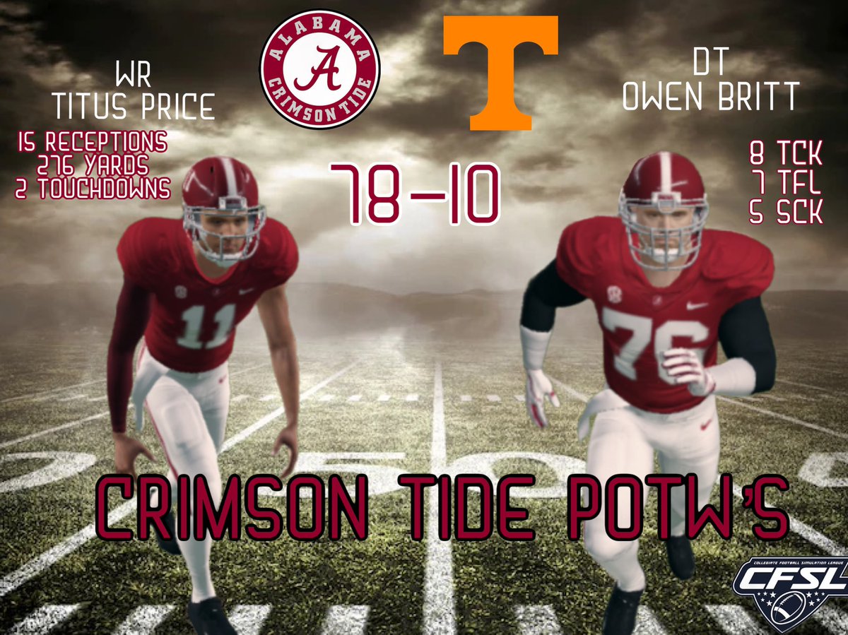 CFSLALABAMA's tweet photo. Straight domination!! Congrats to our players of the week Titus Price and Owen Britt as they both showed up and showed out @collegesimleag https://t.co/60vw2vh4vc