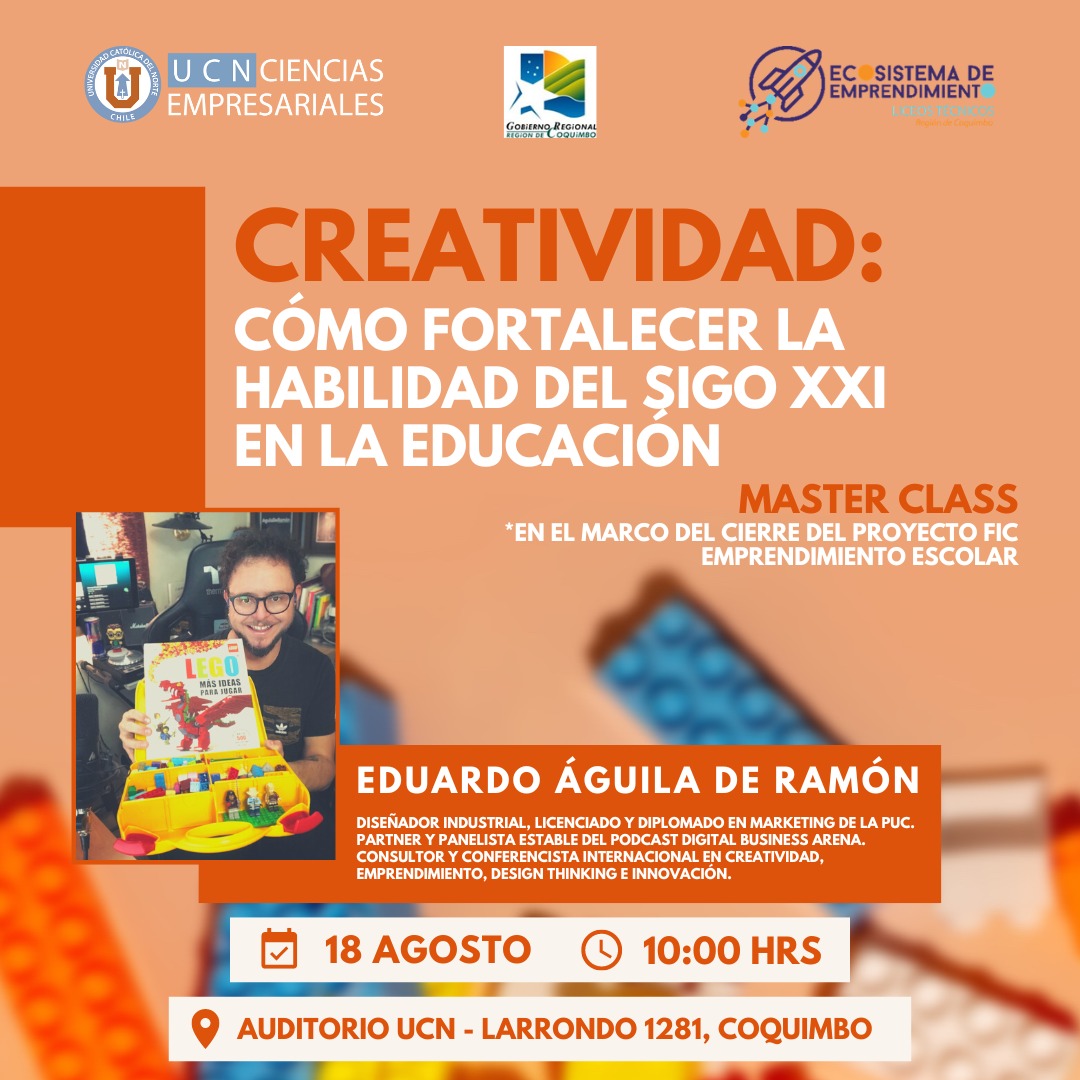 UCN_Coquimbo's tweet photo. ¡Participa! Jueves 18 agosto, 10:00⌚️ 
Cierre proyecto FIC-R “Ecosistemas de Emprendimiento Liceos Técnicos de Coquimbo” y  Charla “Creatividad: Cómo fortalecer la habilidad del siglo XXI en la Educación”, Eduardo Águila de Ramón, co-autor libro #modonaranja
Campus Guayacán UCN https://t.co/2IwKK5QyAm
