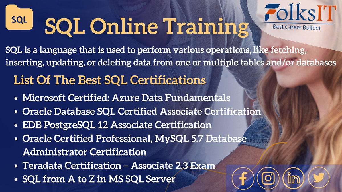 Folksitelearn's tweet image. Improve your proficiency in #SQL -@ bit.ly/3A1QGCL and take your data processing abilities to new heights. We will provide #SQLCertification Training by our expert trainers. 
#sqltraining  #databasesql #microsoft #azure #followforfollowback #folksit