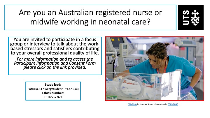 Patricia Louise Lowe (@patrici05457821) on Twitter photo If you are an Australian registered nurse or midwife working in neonatal care please consider participating in a focus group or interview to talk about your professional quality of life.
<a href="/utsSoNM/">UTS School of Nursing & Midwifery</a>; <a href="/Prof_TLJ/">Tracy Levett-Jones</a>; <a href="/samjak66/">Dr Samantha Jakimowicz</a>
For more information: utsau.au1.qualtrics.com/jfe/form/SV_5B… If you are an Australian registered nurse or midwife working in neonatal care please consider participating in a focus group or interview to talk about your professional quality of life.
<a href="/utsSoNM/">UTS School of Nursing & Midwifery</a>; <a href="/Prof_TLJ/">Tracy Levett-Jones</a>; <a href="/samjak66/">Dr Samantha Jakimowicz</a>
For more information: utsau.au1.qualtrics.com/jfe/form/SV_5B…