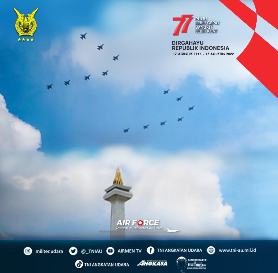 _TNIAU's tweet photo. Dirgahayu Republik Indonesia 
17 Agustus 1945 - 17 Agustus 2022 https://t.co/8M2zH7JEPL