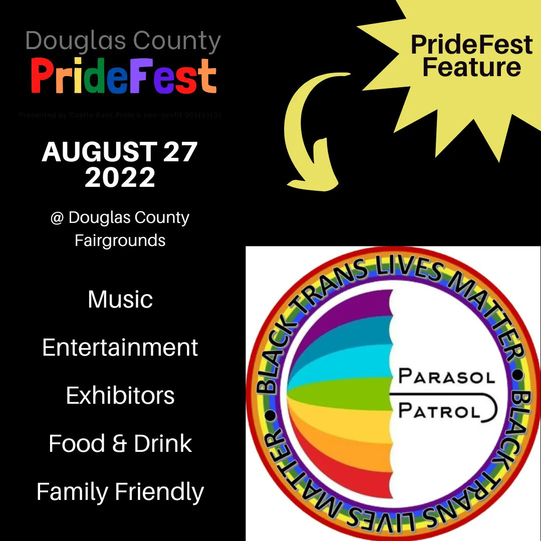 CRPrideOfficial's tweet photo. We are so happy to have Parasol Patrol join us at PrideFest this year! They'll be accepting donations for rainbow umbrellas and will be a fantastic positive presence as well.
#LoveKeepsUsTogether #DouglasCountyPrideFest #CastleRockPride #Pride #ColoradoPride #LGBTQIA #GayPride https://t.co/IgAA1FkkzH