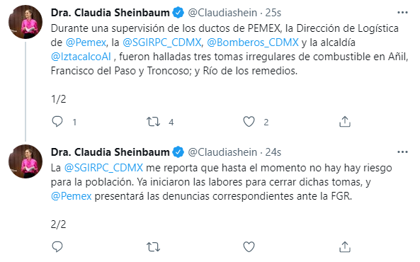 889Noticias's tweet photo. #ÚltimaHora:

Informa @Claudiashein que no hay riesgo para la población tras el hallazgo de 3 tomas de combustible clandestinas en la alcaldía #Iztacalco

PM https://t.co/NLc9JQEGCx