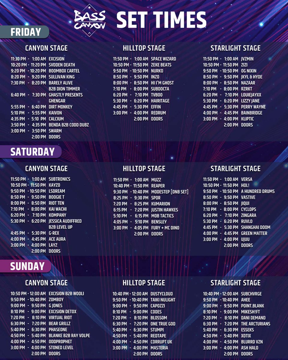 BassCanyon's tweet photo. Bass Canyon fam, set times for the weekend! https://t.co/A7JLgY14dJ