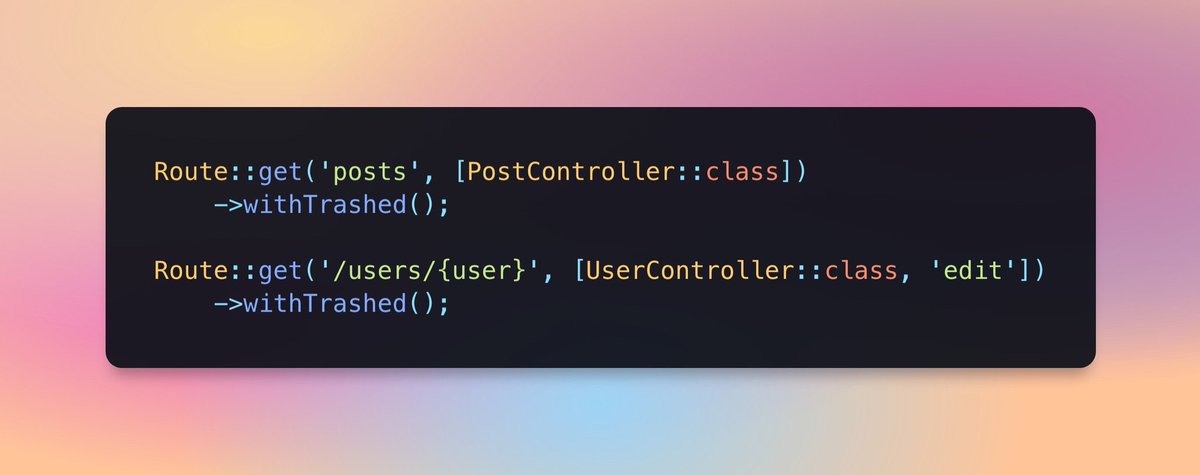 MrOluwatobby's tweet image. 💡By default in Laravel, using route-model binding will return a 404 for soft-deleted models.

Do you know you can change this behavior by chaining the **withTrashed** method in your route?🤯

Cc: @laravel_updates 

#laravelupdates #laraveltips #laraveltricks #laravelphp
