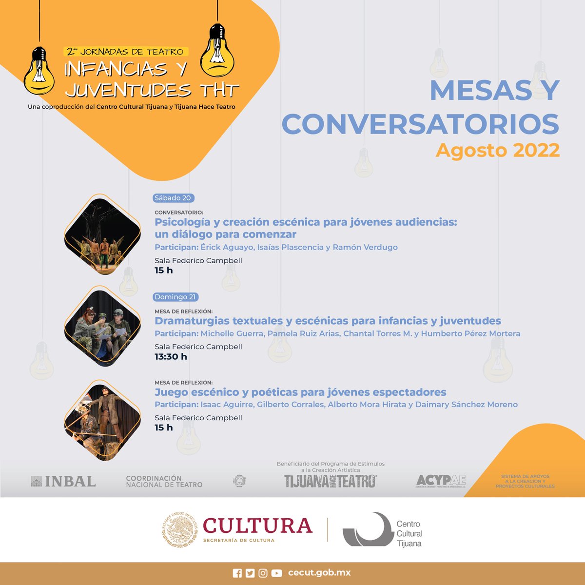 #Cecut y <a href="/TjHaceTeatro/">Tijuana Hace Teatro</a> presentan: 
2da. Jornadas de Teatro Infancias y Juventudes THT
                              
Los invitamos a las actividades de esta segunda jornada.

📌20 al 27 #Agosto

La entrada es gratuita, ¡te esperamos!
Consulta el programa 👇bit.ly/3A4zPPB