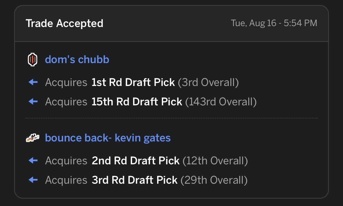 lilnutsack7's tweet photo. Big moves📈📈 #domschubb receives our second first round pick from #bounceback-kevingates https://t.co/O7DBCKNvQO