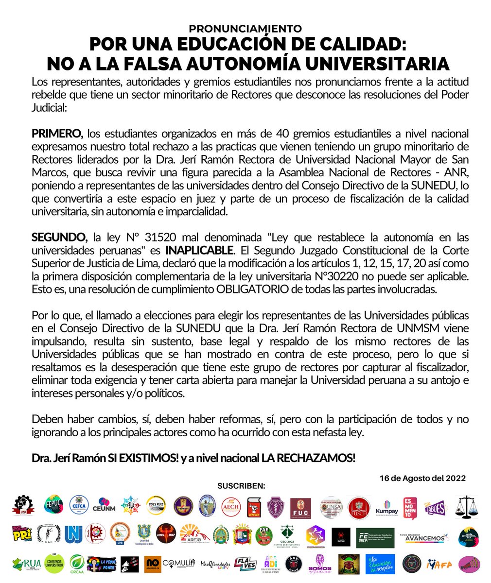POR UNA EDUCACIÓN DE CALIDAD:
NO A LA FALSA AUTONOMÍA UNIVERSITARIA

Los representantes, autoridades y gremios estudiantiles nos pronunciamos frente a la actitud rebelde que tiene un sector minoritario de Rectores que desconoce las resoluciones del Poder Judicial: