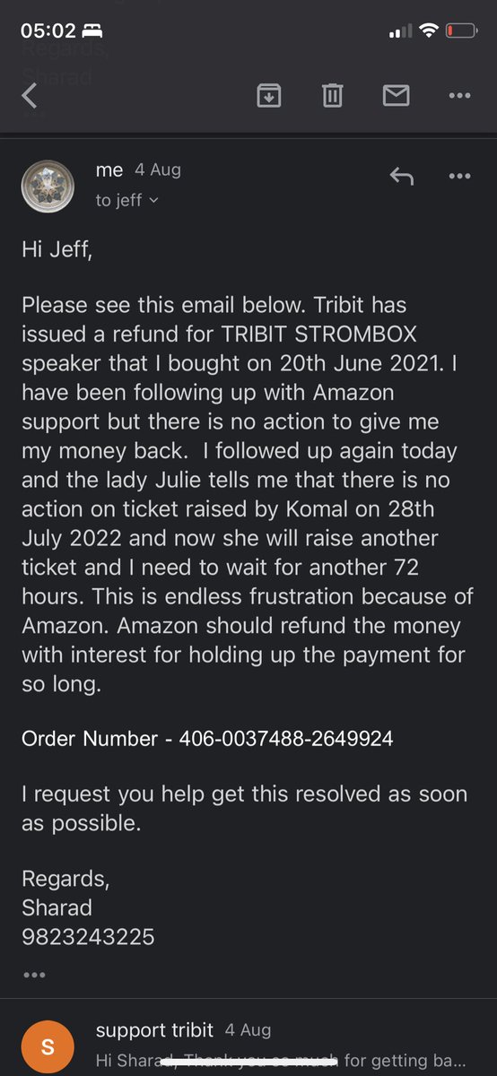 SharadGhag's tweet photo. @JeffBezos Hey Jeff, it’s really very pathetic customer support levels at Amazon. Even after escalating it to the highest level that is you, no one bothers to get back until I follow up, forget resolving the issue timely. I am following up for refund endlessly… https://t.co/5deinUvsf0