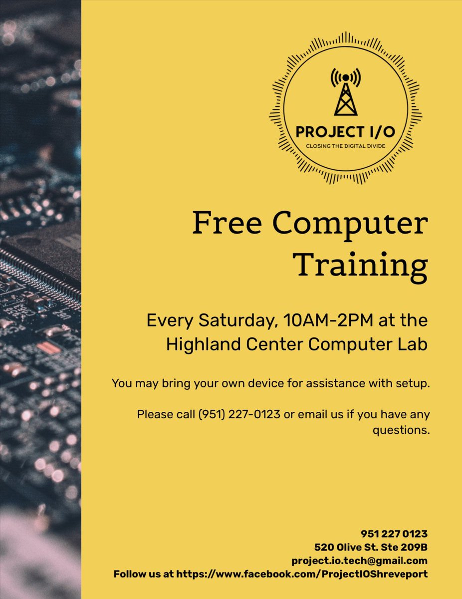 Come by and see us at the Highland Center for free computer training every Saturday from 10AM-2PM.  💻
#Shreveport #FreeComputerClasses #technology #ProjectIOShreveport