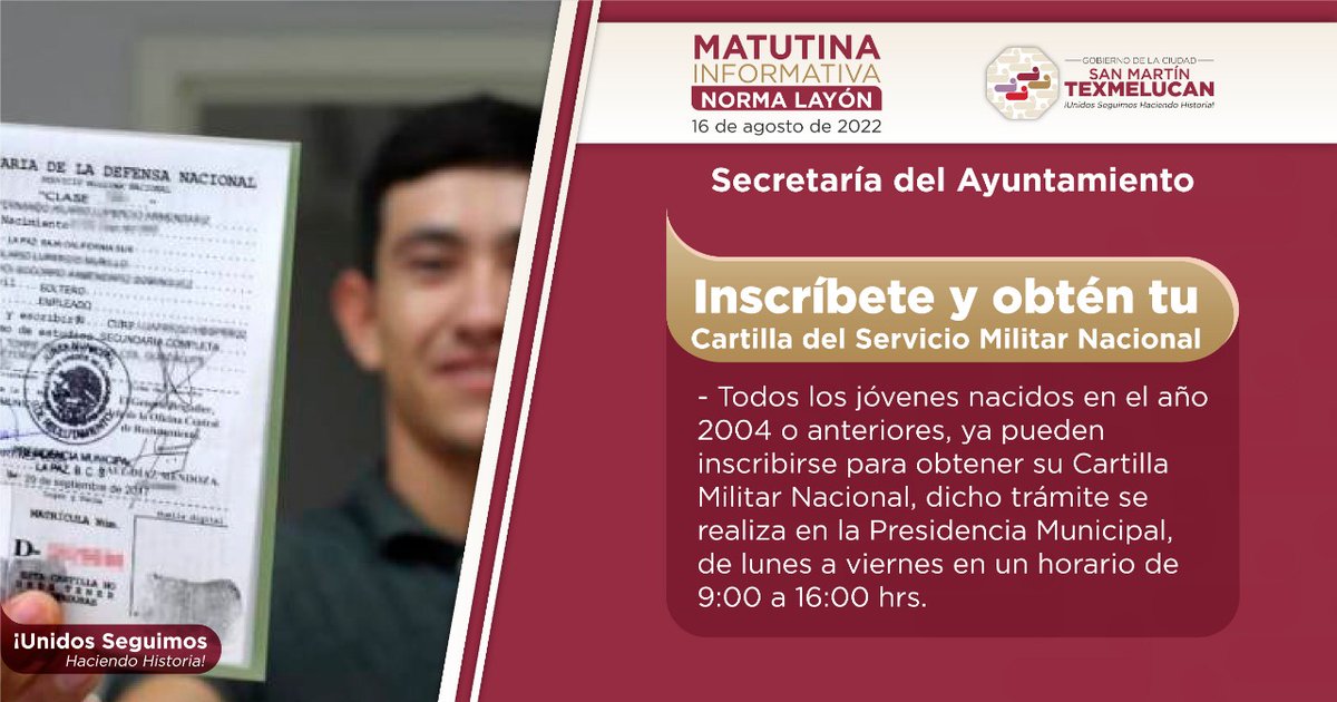 NormaLayon's tweet photo. Los jóvenes que nacieron en el 2004 o años anteriores, ya pueden tramitar la Cartilla del Servicio Militar Nacional.
#MatutinaInformativa #SanMartínTexmelucan https://t.co/OkBsvYkQ4j