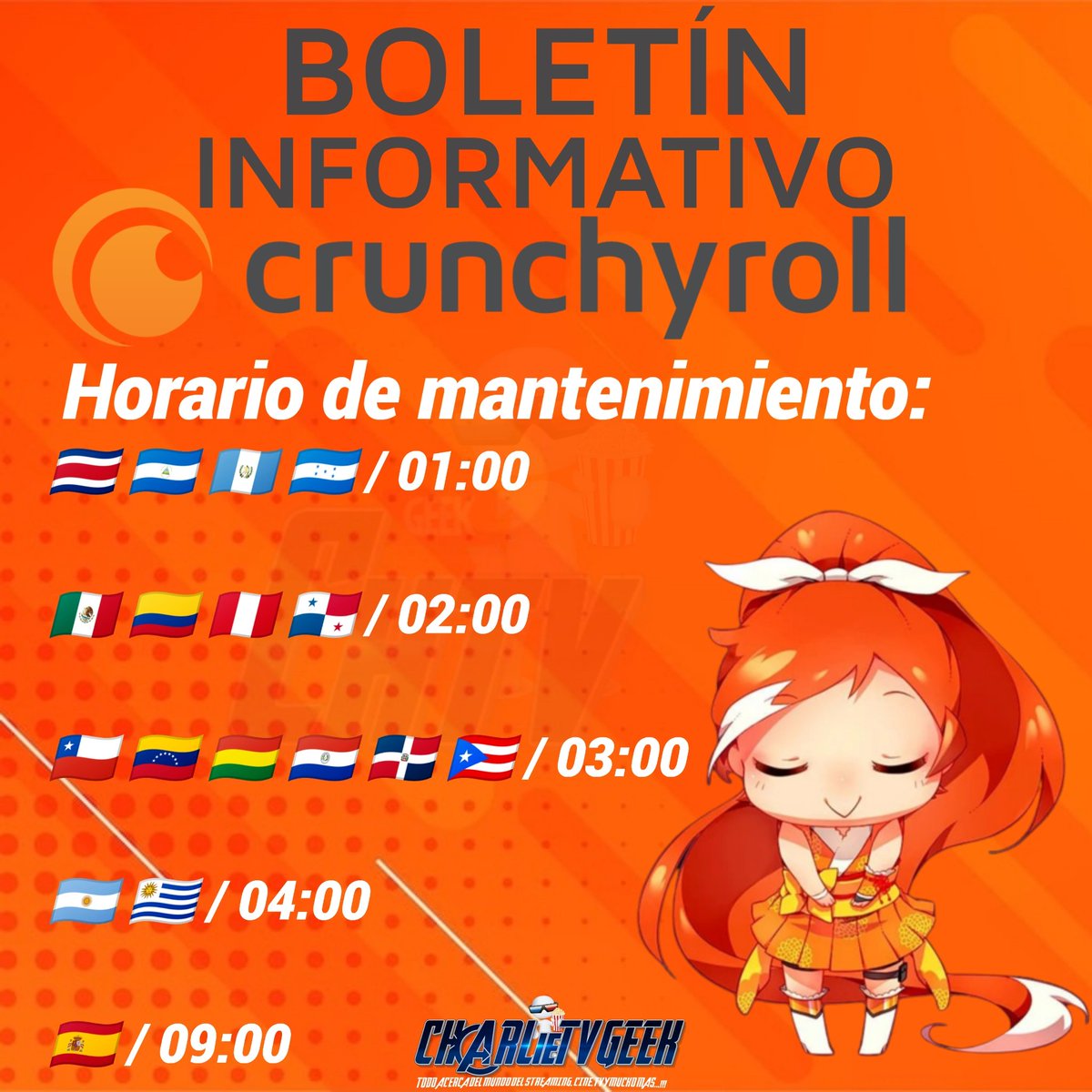 charlietvgeek's tweet photo. BOLETÍN INFORMATIVO!!!
El día 17 de Agosto a las 12 AM PDT #Crunchyroll tendrá un mantenimiento programado!
La página web y las apps estarán de vuelta luego de 4 horas aproximadamente!!!
En la imágen los horarios correspondientes a su país!
#CrunchyrollLA #CrunchyrollES https://t.co/nXKXNBhQzB