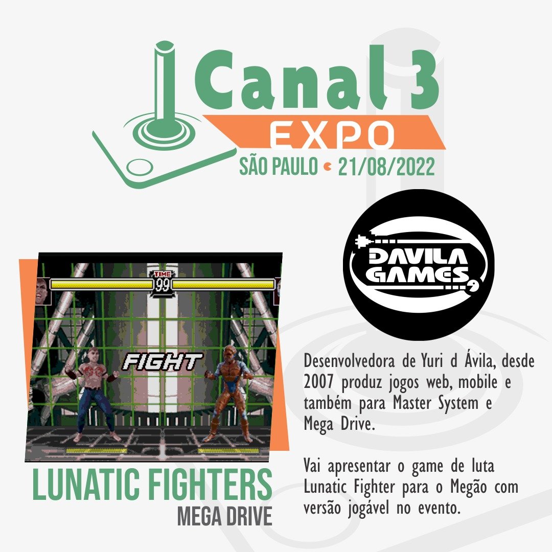 davilagames's tweet photo. Estaremos no Canal 3 Expo, 21 de agosto, em São Paulo, com o pré-lançamento do jogo LUNATIC FIGHTERS, para Mega Drive/Sega Genesis. 

#DavilaGames #SGDK #LunaticFighters #MegaDrive #SegaGenesis #RetroGame #RetroGames #RetroGaming #GameDev #RetroDev #Canal3 #Canal3Expo #RWSGameBox https://t.co/j0AA08mdoX