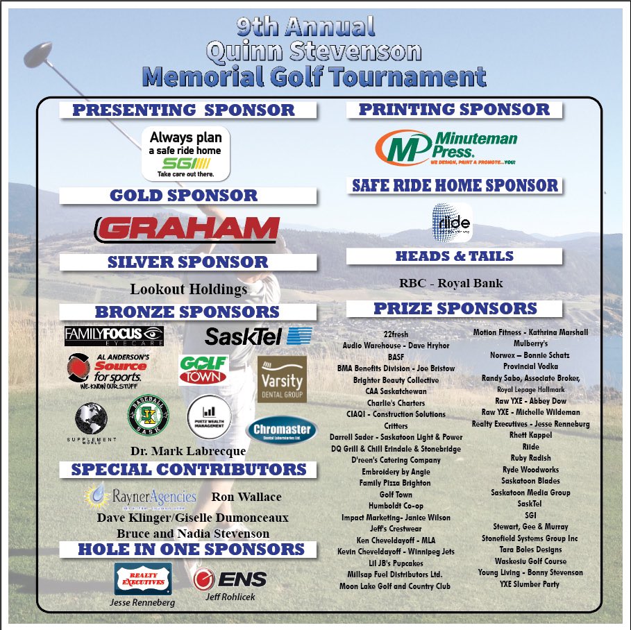 Stevb2's tweet photo. We are just putting the final touches on the 9th Annual Quinn Stevenson Memorial Golf Tourney. It will be a great day. Thanks to all the sponsors, golfers and volunteers. See you Friday! 

If anyone has a sun shade tent they want to borrow us pop Bonny a note. https://t.co/V5TQyPHnly