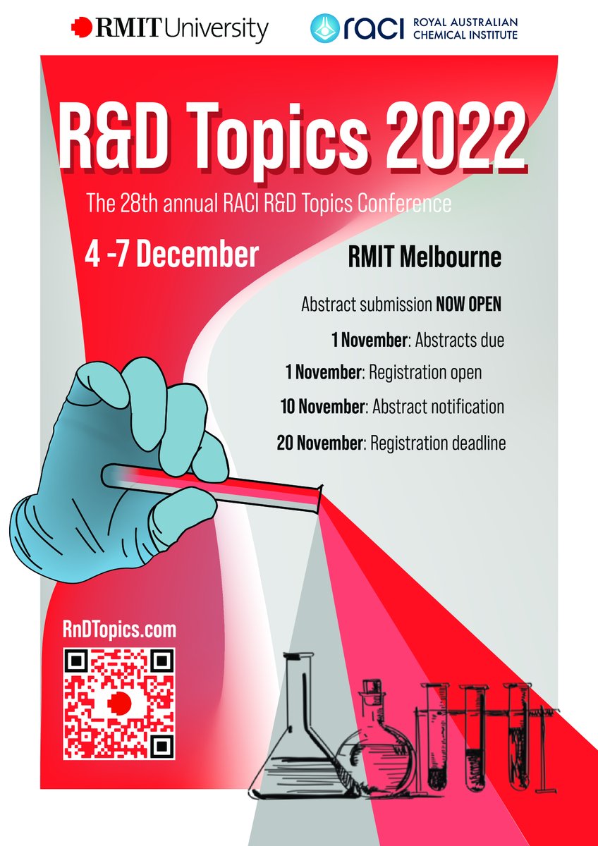 RnDTopics2023's tweet photo. We are delighted to announce that abstract submission is now open for R&amp;D Topics 2022! 
#RACI #RMIT #RnDTopics2022

We look forward to hearing about your innovative research. 🧬🧪🔬#Honours #Masters #PhD #ECR https://t.co/TBkPwTOinp