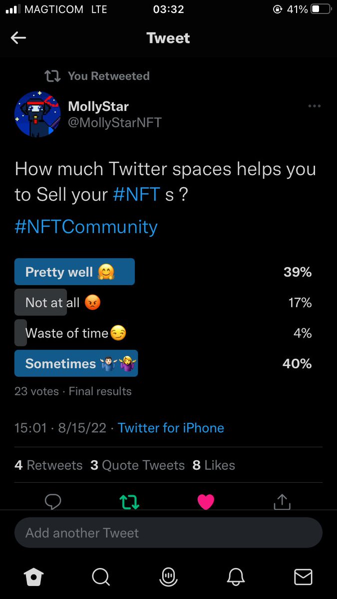 Here is the results .   I will tell you my personal opinion . Spaces are good to get a  little attenion, but you have to ask yourself - do you really want to spend most of your time in twitter spaces just  to get like 10 followers max ? You have to do something different.
#NFT