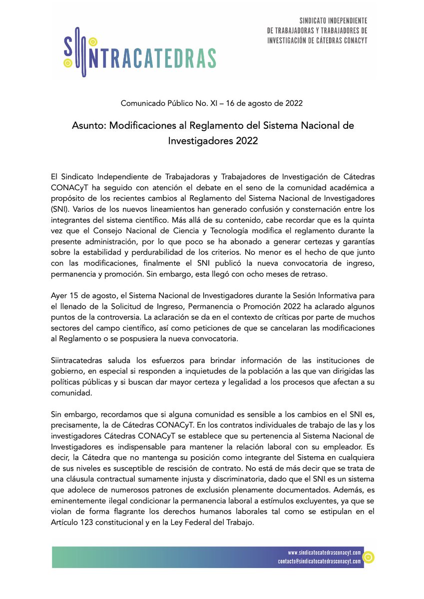 SCatedras's tweet photo. Comunicado Público No. XI — 16 de agosto de 2022. 

Asunto: Modificaciones al Reglamento del Sistema Nacional de Investigadores 2022. https://t.co/PTBJG6Rq8S