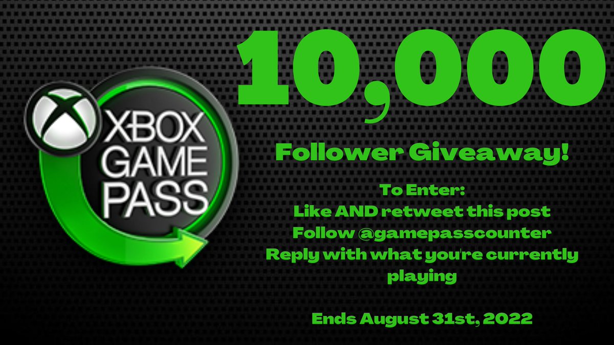 GIVEAWAY:
#XboxGamePass

For a chance to win ONE YEAR of Xbox Game Pass Ultimate:

•Like AND Retweet this post
•Follow us (@gamepasscounter)
•Reply with what you're currently playing!

We hit 5k Followers back in April, and have already hit 10k! Just 14 months after launch! 💚