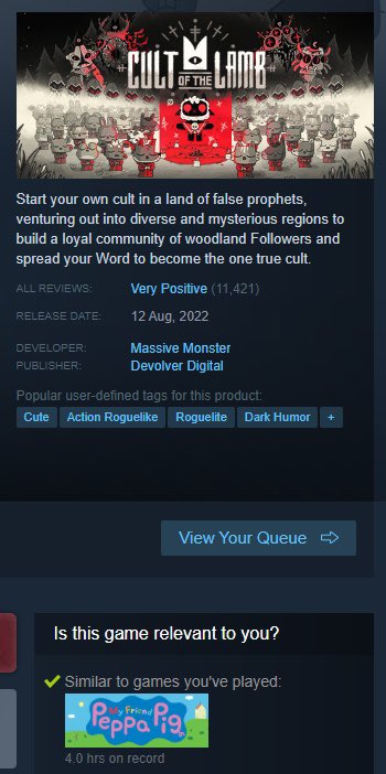 I must not have been paying attention for long stretches of the Peppa Pig game… <a href="/cultofthelamb/">Cult of the Lamb</a>