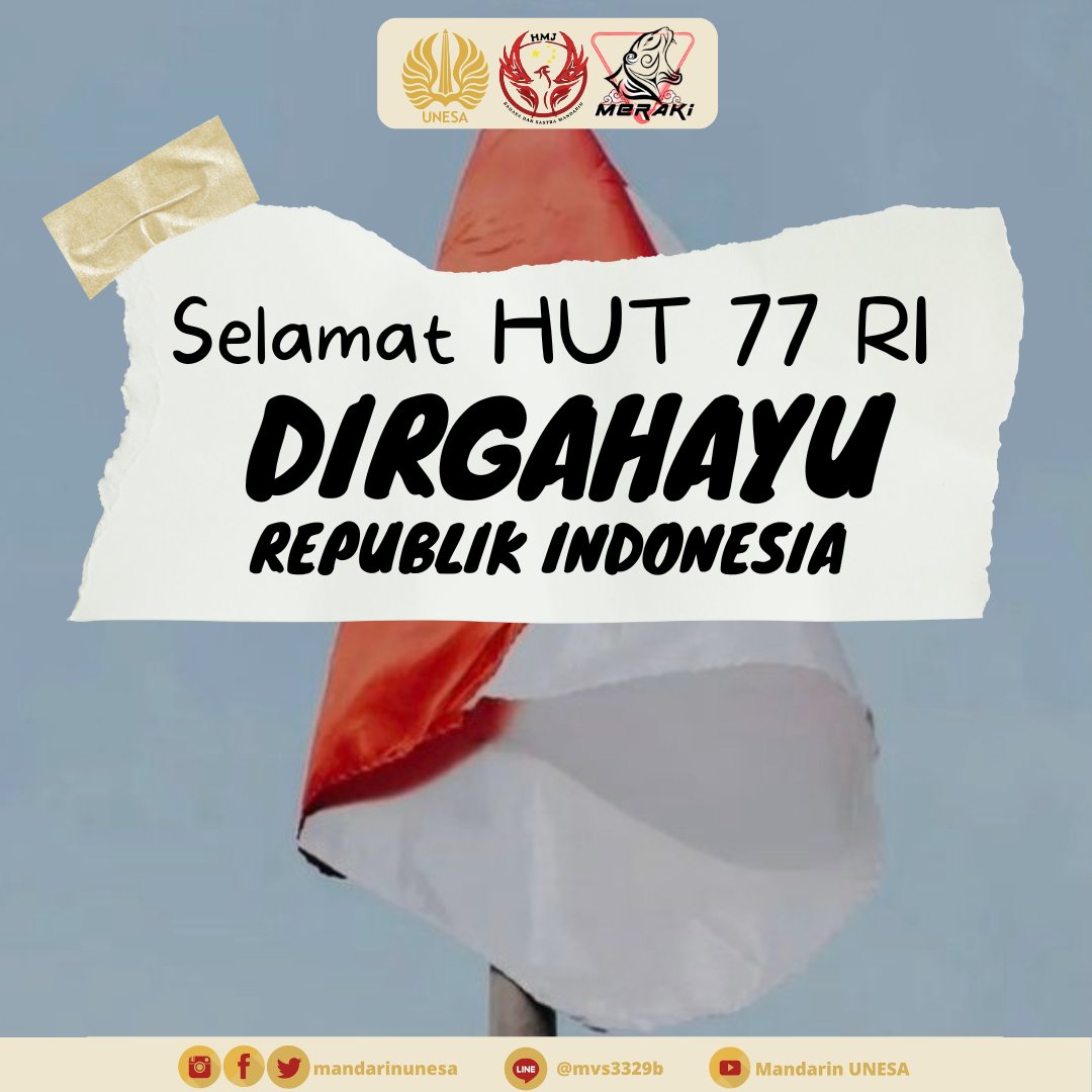 MandarinUnesa's tweet photo. [🇮🇩Selamat Memperingati HUT ke-77 RI🇮🇩]

Selamat HUT ke-77 RI! Semoga semangat perjuangan para pahlawan selalu terjaga dan terkenang.

_____________________________
Departemen Media
HMJ Bahasa Dan Sastra Mandarin 
Fakultas Bahasa Dan Seni
Universitas Negeri Surabaya https://t.co/lQ6WN6lSOc