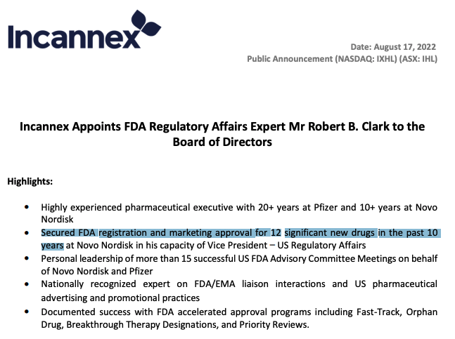 Bong_PreahChan: $IHL $IXHL appoints FDA Regulatory Affairs Expert. That's some CV ✅👏 #cannabisindustry #psychedelics #biotech