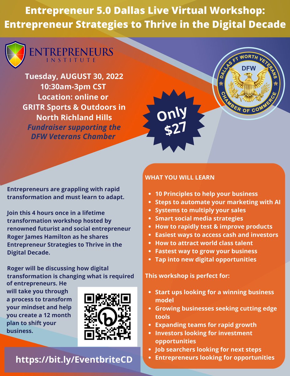 TheVetChamber's tweet photo. 🔥 Entrepreneurs are grappling with rapid transformation and must learn to adapt. 🔥 Join this 4 hours once in a lifetime transformation workshop hosted by renowned futurist and social entrepreneur Roger James Hamilton as he shares Entrepreneur https://t.co/YcJ0EsQIjH[...] https://t.co/Q2G9FK916g