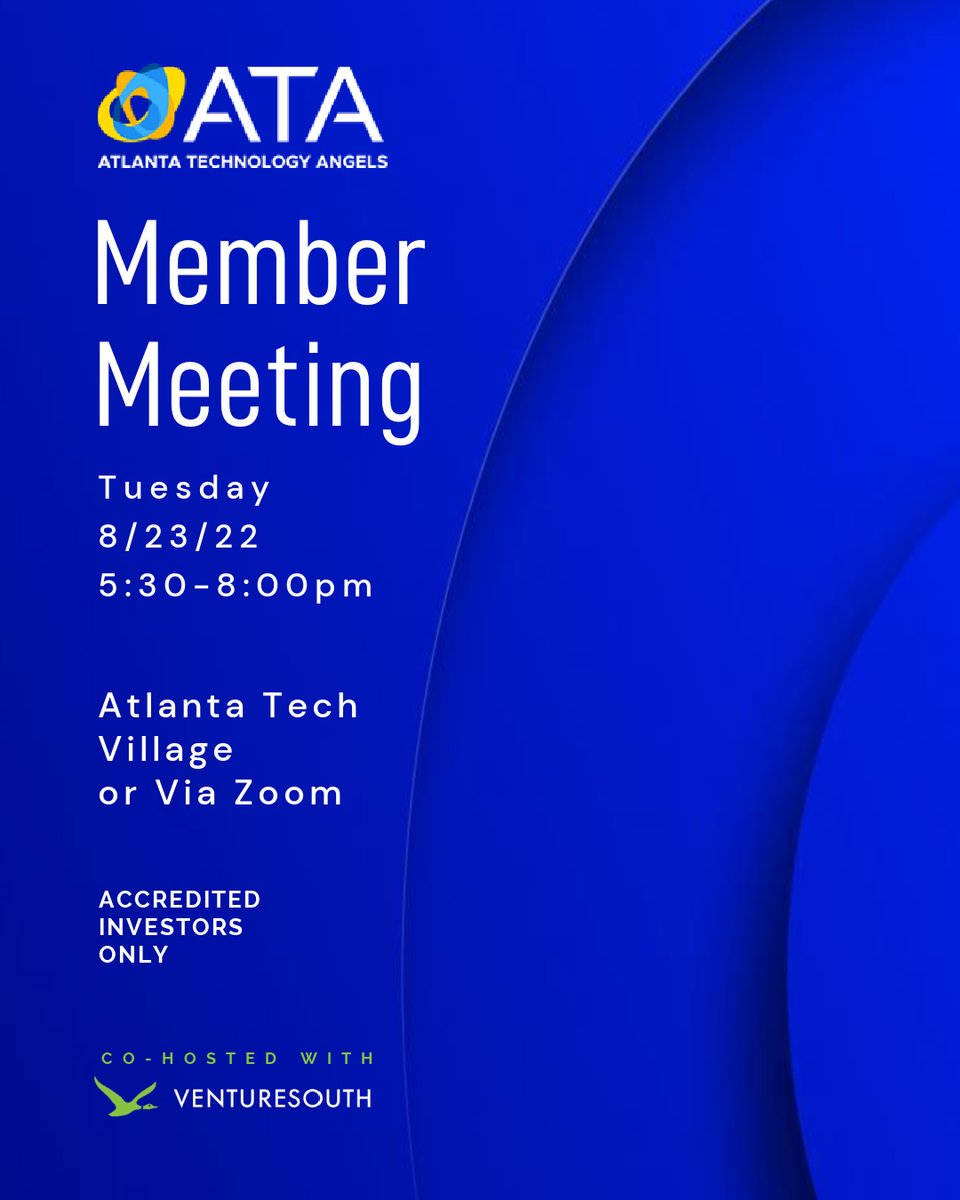 Angel_Atlanta's tweet photo. NEXT TUESDAY 8/23: For accredited investor wanting to learn more about investing in startups in the Atl tech community. REGISTER NOW!
https://t.co/oPbtfJApEn
Use Code: FIRSTTIMEGUEST. Co-hosted with @VentureSouth_VC. #ATLSTARTUPS #venturecapital https://t.co/Zg1yBKPEXr