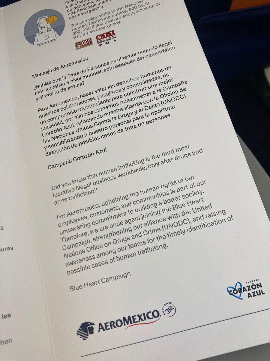 UNODCmexico's tweet photo. En alianza con @Aeromexico✈️, brindamos información a todas y todos sus pasajeros para detectar y prevenir posibles casos de #TrataDePersonas.

¡Tú puedes salvar una vida! Campaña #CorazónAzul💙

@StateINL @SEGOB_mx @elconsejomx @SSPCMexico https://t.co/KLQc5A8AhG