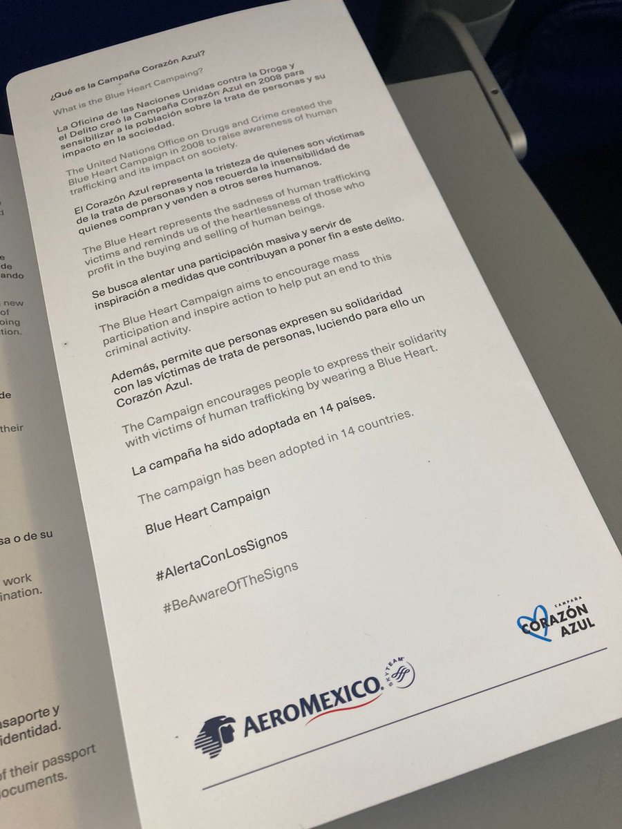 UNODCmexico's tweet photo. En alianza con @Aeromexico✈️, brindamos información a todas y todos sus pasajeros para detectar y prevenir posibles casos de #TrataDePersonas.

¡Tú puedes salvar una vida! Campaña #CorazónAzul💙

@StateINL @SEGOB_mx @elconsejomx @SSPCMexico https://t.co/KLQc5A8AhG