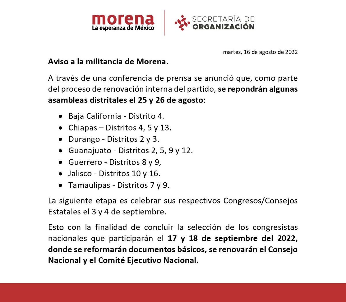 🔴 Aviso a la militancia de Morena 🔴

A través de una conferencia de prensa se anunció que, como parte del proceso de renovación interna del partido, se repondrán algunas asambleas distritales el 25 y 26 de agosto:
