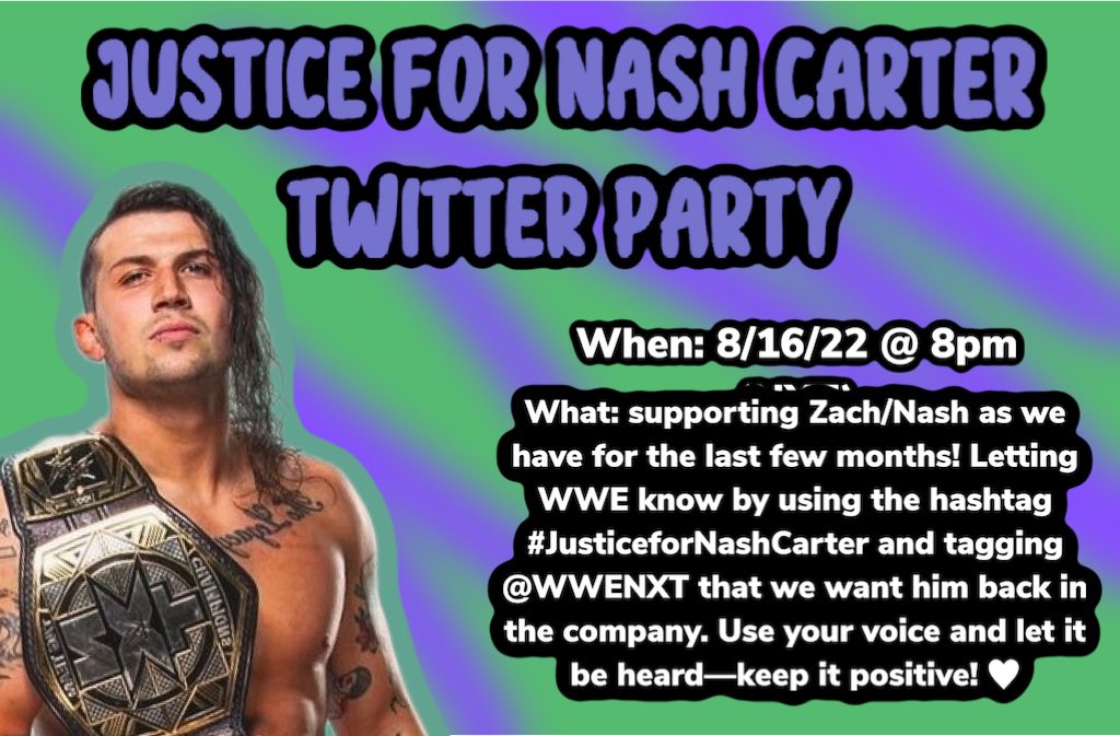Cobainsallin's tweet photo. Last week we trended, this week let's get to trending again, let Triple H hear our voice!! Let's get this Twitter party started!!! #JusticeForNashCarter 💚💚🖤
#WWENXT 

Credits to @Justice4NashC on another amazing weekly graphic 🤘🏻 https://t.co/2ZlptG8Z8M
