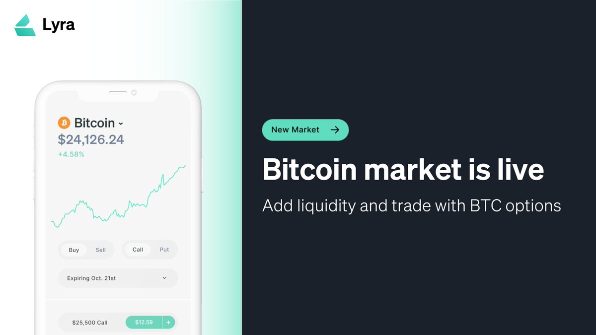 Bitcoin is now live on Lyra.

From today users can deposit $sUSD to the #Bitcoin Market Maker Vault, trading will begin in 24 hours.🧡

Deposit now: app.lyra.finance/vaults/btc