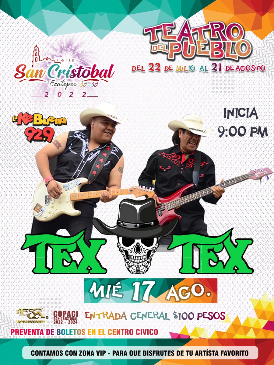 17 de Agosto 2022 / Teatro del Pueblo / Ecatepec / 9PM

LA FERIA DE SAN CRISTOBAL ECATEPEC 2022

#TexTex (<a href="/TEXTEX_Oficial/">TEXTEX OFICIAL</a>)

<a href="/kebuenaoficial/">LaKeBuena®</a>

#TocadaEcatepec #TocadasRockUrbano #RockUrbano #RockNacional #RockMexicano #Ecatepec #Feria #Rock #FeriaSanCristobalEcatepec #FeriaEcatepec