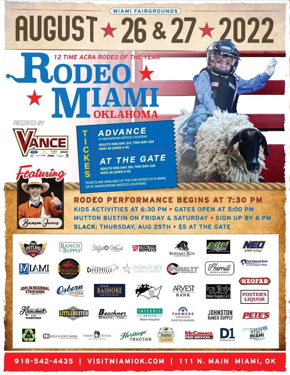 visitmiamiok's tweet photo. Let's #rodeo!  Join us in #MiamiOK for the 12-time ACRA Rodeo of the year! Details: 918-542-4435 
@RodeoChat @TravelOK @VanceAutoGroup @miamiokla 
@GreenCountryOK @grandlakeliving https://t.co/isIoRNFl1S
