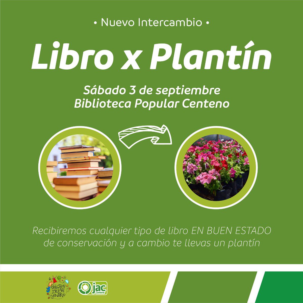 jaccenteno_'s tweet photo. 🙌¡Nuevo Intercambio!🙌

👉 El próximo sábado 3/9, en conjunto con la Biblioteca Popular Centeno recibiremos libros que tengas en casa, en buen estado, para donar y a cambio podrás llevarte un plantín! 🪴 https://t.co/Ayfpw7wyck
