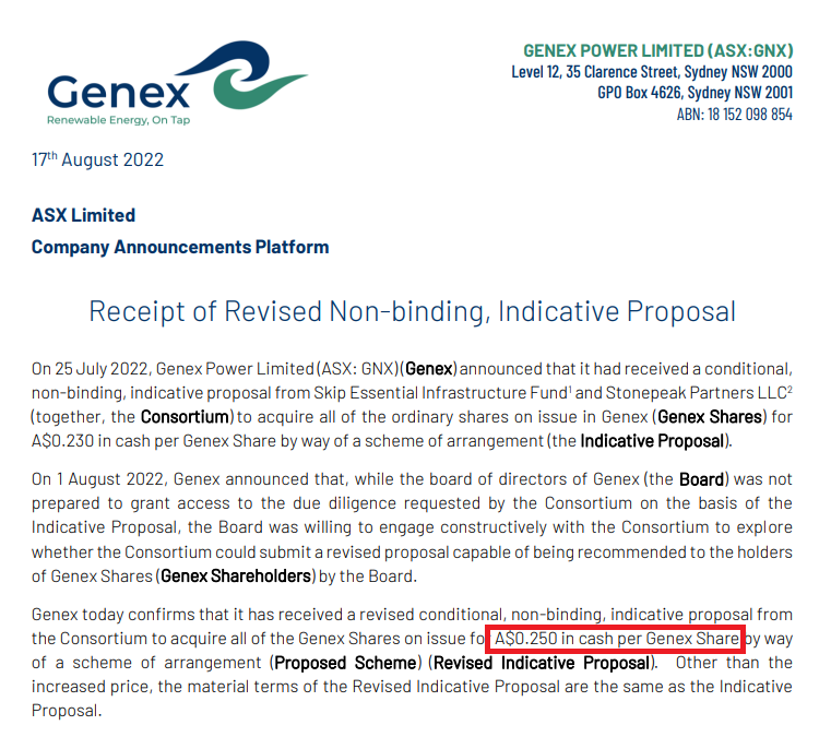DownunderValue's tweet photo. Genex $GNX $GNX.AX has received a +8.6% bid from Skip at 25c per share. But, the board rightfully is saying that is not enough. You can see our books on a non-exclusive arrangement, but we're sending out Goldman Sachs to go fishing for more. 

Crack out the popcorn 🤓🍿 https://t.co/jkdN6yvkK3