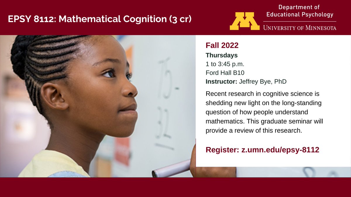 Ever wonder how our 🧠s understand math? Join @JKBye for EPSY 8112: Mathematical Cognition! Register: z.umn.edu/epsy-8112
<a href="/UMN_CEHD/">U of Minnesota CEHD</a> <a href="/UMNPsych/">UMN Psychology</a> <a href="/CarlsonNews/">Carlson School of Management</a> <a href="/ima_umn/">IMA</a> <a href="/UMNStatistics/">UMN Statistics</a> <a href="/UMNSociology/">UMN Sociology</a> <a href="/UmnPhilosophy/">Philosophy </a> <a href="/UMNComputerSci/">UMN Computer Science & Engineering</a> <a href="/UMN_GradSchool/">UMN Grad School</a> <a href="/hstm_umn/">UMN History of Science, Technology & Medicine</a> <a href="/UMNAnthropology/">Department of Anthropology, University of MN</a>