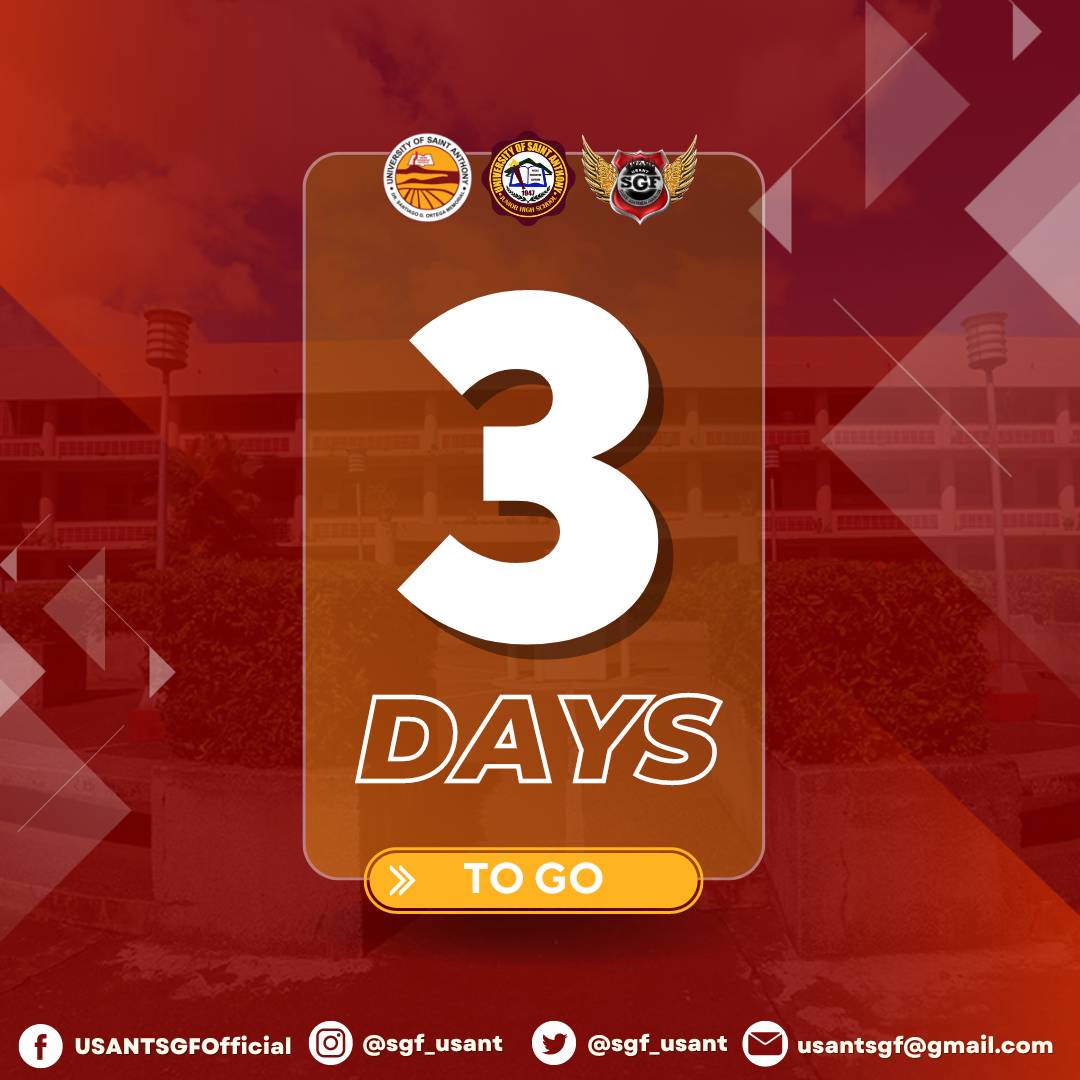 sgf_usant's tweet photo. 📣 3 𝑫𝑨𝒀𝑺 𝑻𝑶 𝑮𝑶

Hey there Anthonians! 👋

Here's a reminder that there are only 3 days left before our 🏫 Academic Year 2022 to 2023 starts.

Are you excited? Well, of course, you are. https://t.co/JBQp7z41FZ