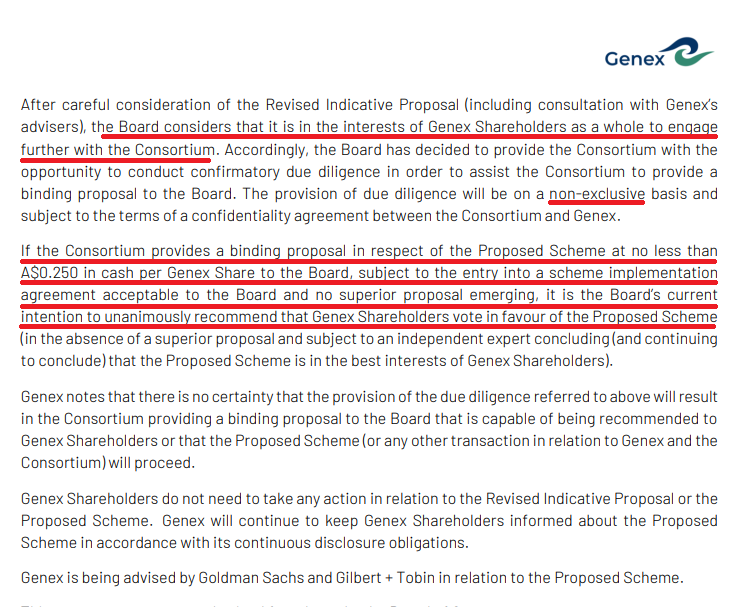 DownunderValue's tweet photo. Genex $GNX $GNX.AX has received a +8.6% bid from Skip at 25c per share. But, the board rightfully is saying that is not enough. You can see our books on a non-exclusive arrangement, but we're sending out Goldman Sachs to go fishing for more. 

Crack out the popcorn 🤓🍿 https://t.co/jkdN6yvkK3