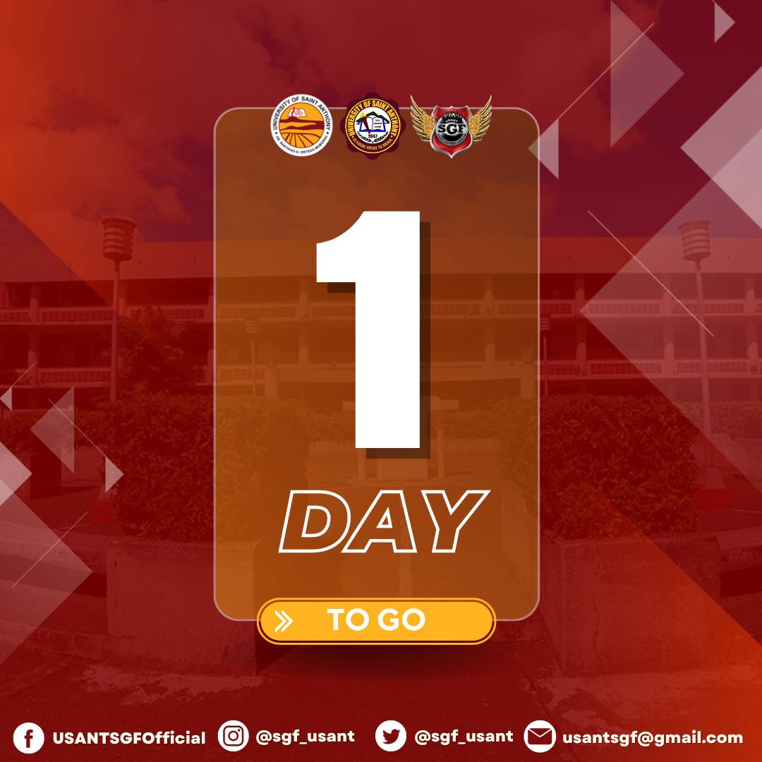 sgf_usant's tweet photo. 📣 1 𝑫𝑨𝒀 𝑻𝑶 𝑮𝑶

Hello, JHS Anthonians! 👋

There's only 1 day left before Academic Year 2022-2023 starts.

Tomorrow is the big day. Are you ready to meet your teachers and classmates?

#JHSIsBack
#USANTJHS https://t.co/0dVgmxLOME