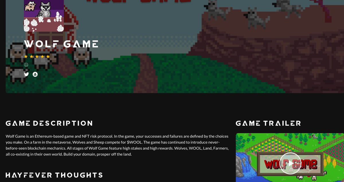 HayFeverToken's tweet image. New Listing in our Game Gallery! @wolfdotgame #WolfGame #P2E #NFT 

hayfever.games/game/wolf-game/ 🦠