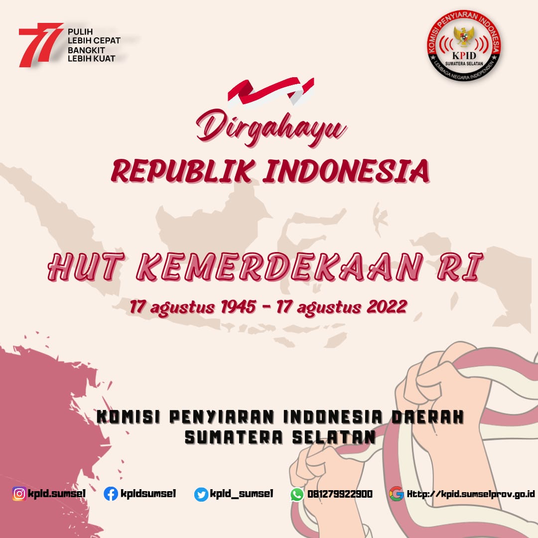 Dirgahayu Republik Indonesia ke 77 Tahun.....terus kobarkan semangat perjuanganmu guna membangun Bangsa Indonesia menjadi Bangsa yang Maju,Beradil dan Beradab.

#Pulih Lebih Cepat dan Bangkit Lebih Kuat
#MenjadiIndonesia
